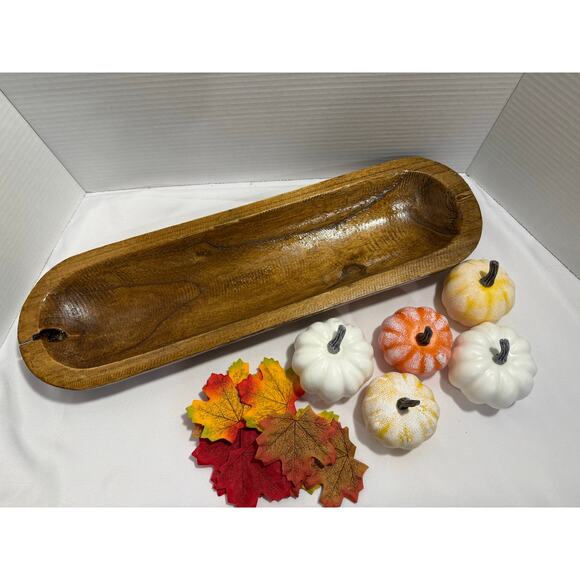 Carved Wooden Dough Bowl Primitive Wood Rustic Fall Decor, Pumpkins, Leaves - Picture 11 of 13